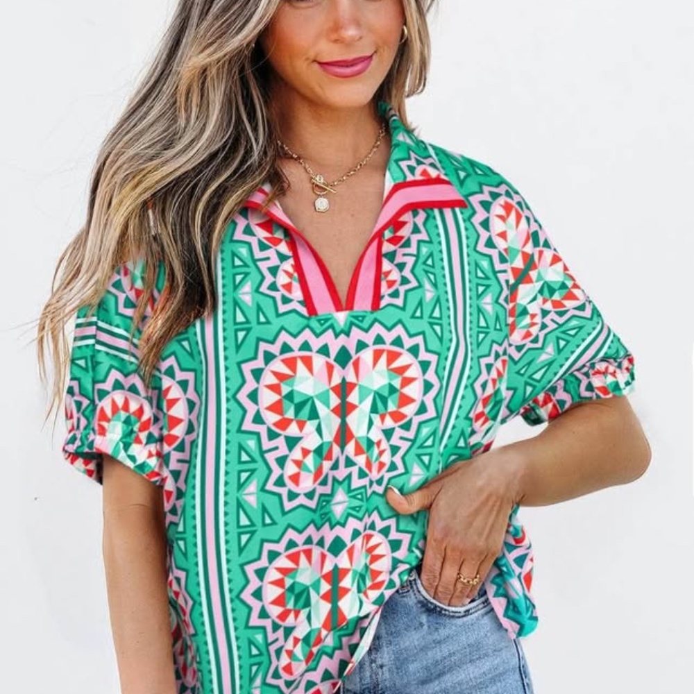 Sea Green Boho Abstract Print Contrast Striped Collared V Neck Blouse M